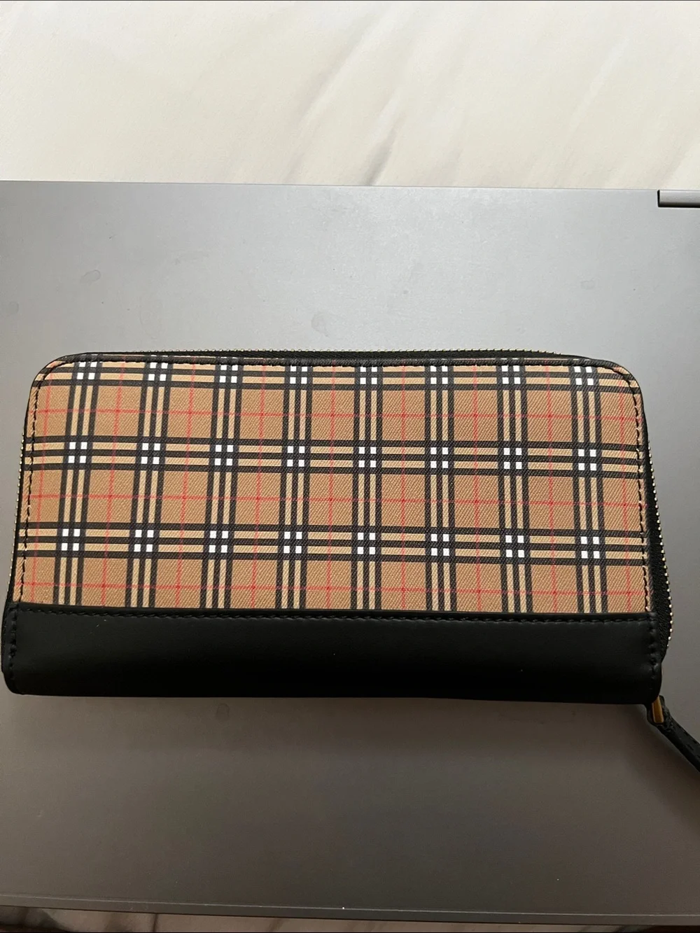 Burberry Tan Black Check Zip-Around Wallet